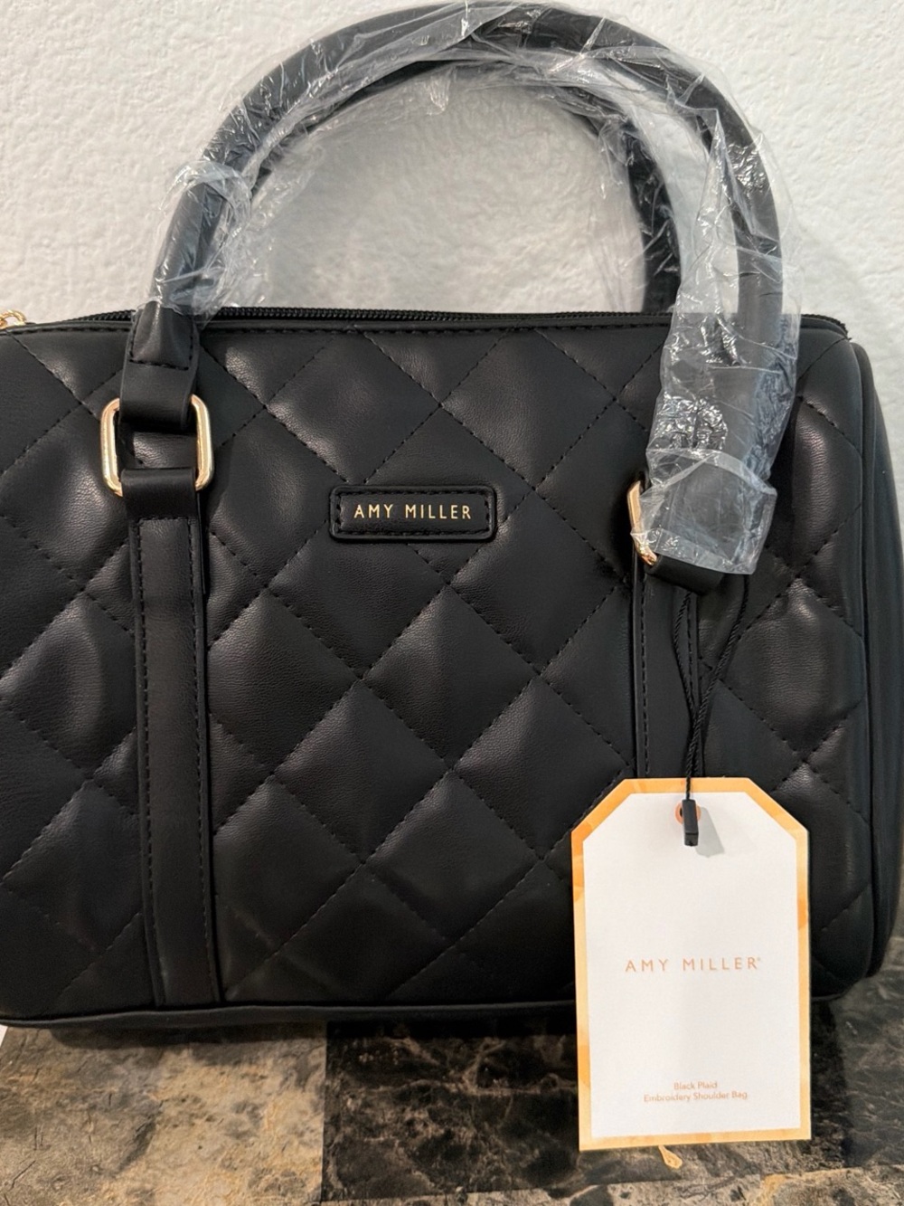 Black Quilted Crossbody Satchel with Gold Accents